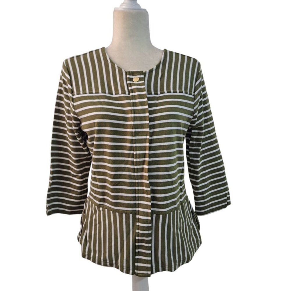 C Wonder Women's 3/4 Sleeve Full Zip Jacket Top Cotton Green White Striped Sz 8